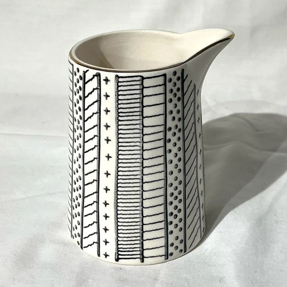 Creative Co-op Modern Stoneware Creamer Ivory w/ Black Design Gold Rim 8 oz.